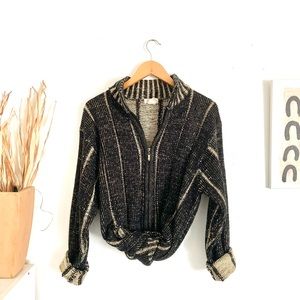 Vintage Striped Beige and Black Mock Neck Zip Up Cardigan